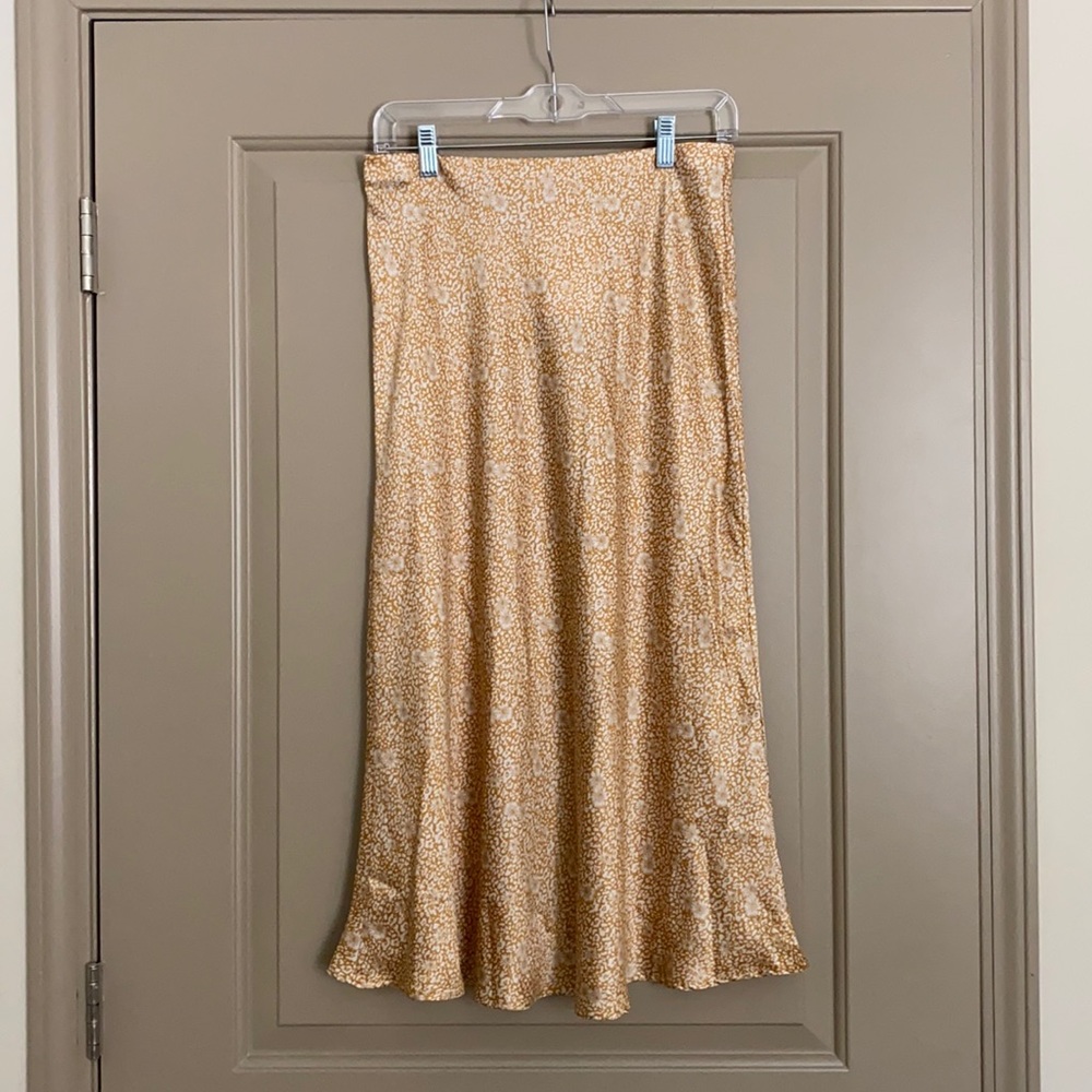 Yellow floral satin midi skirt